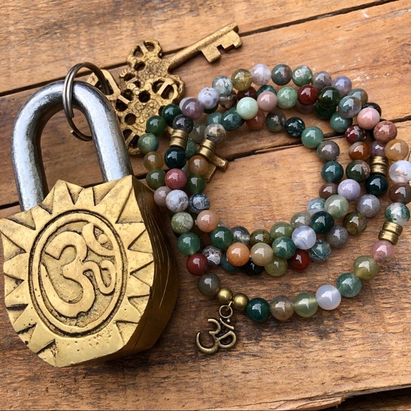 ✨INDIAN AGATE STONE BEAD MALA W/CHARM 6mm✨ - Picture 3 of 7